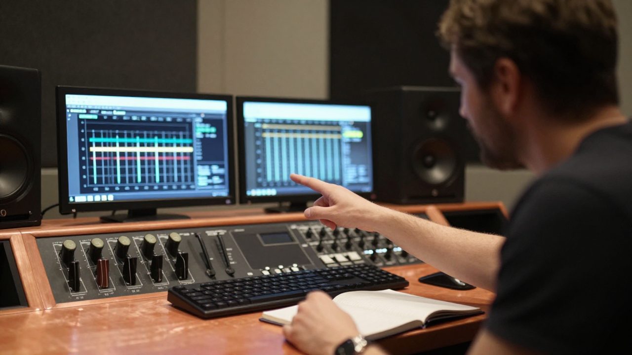 Mastering engineer discussing meters with an artist in control room.