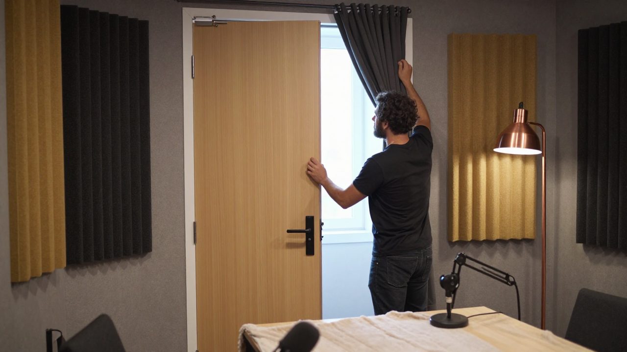 Engineer closing curtains and checking door in podcast room.