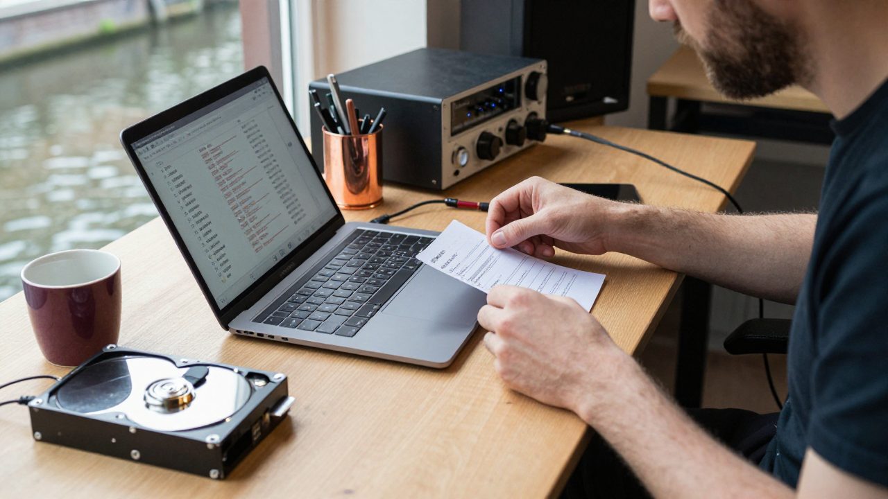 Producer sorting folders and hard drive at a desk.