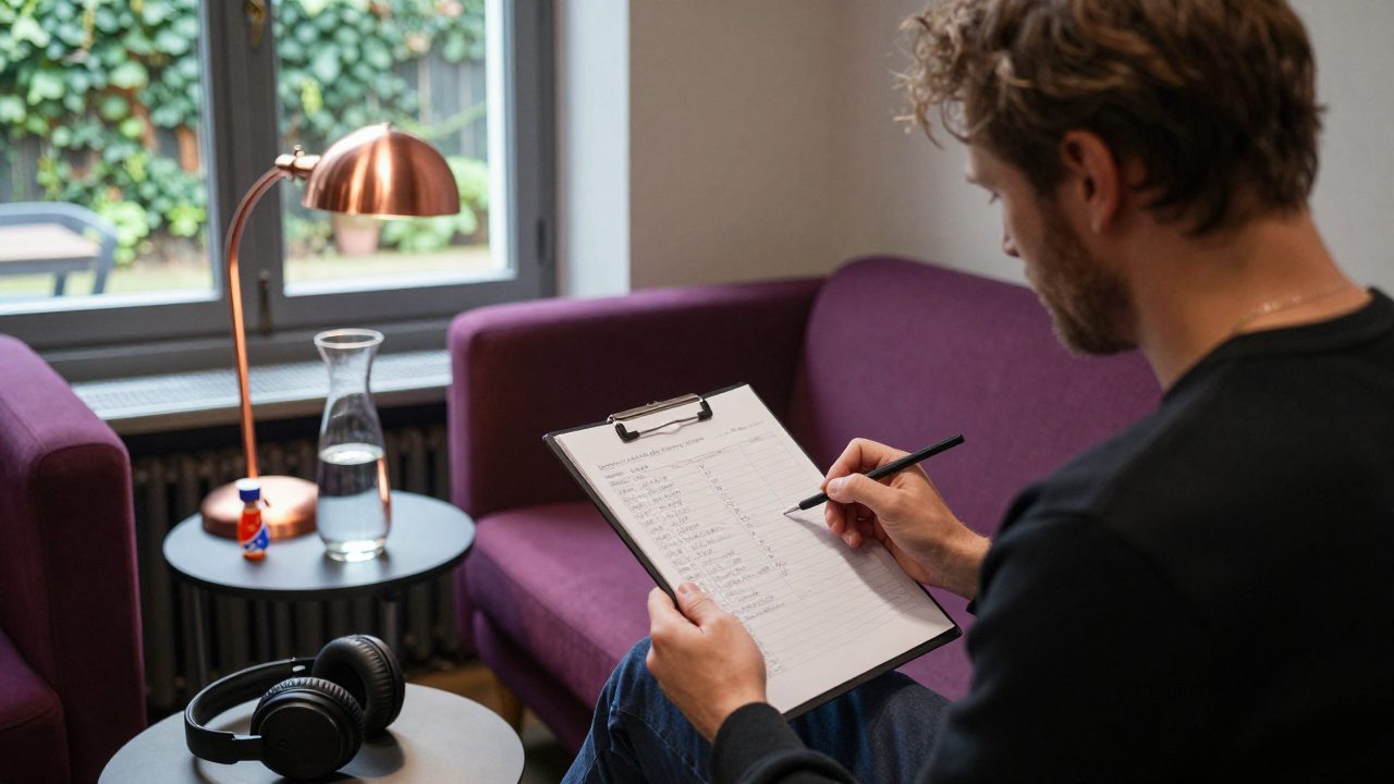 Singer reviewing a checklist in a studio lounge.