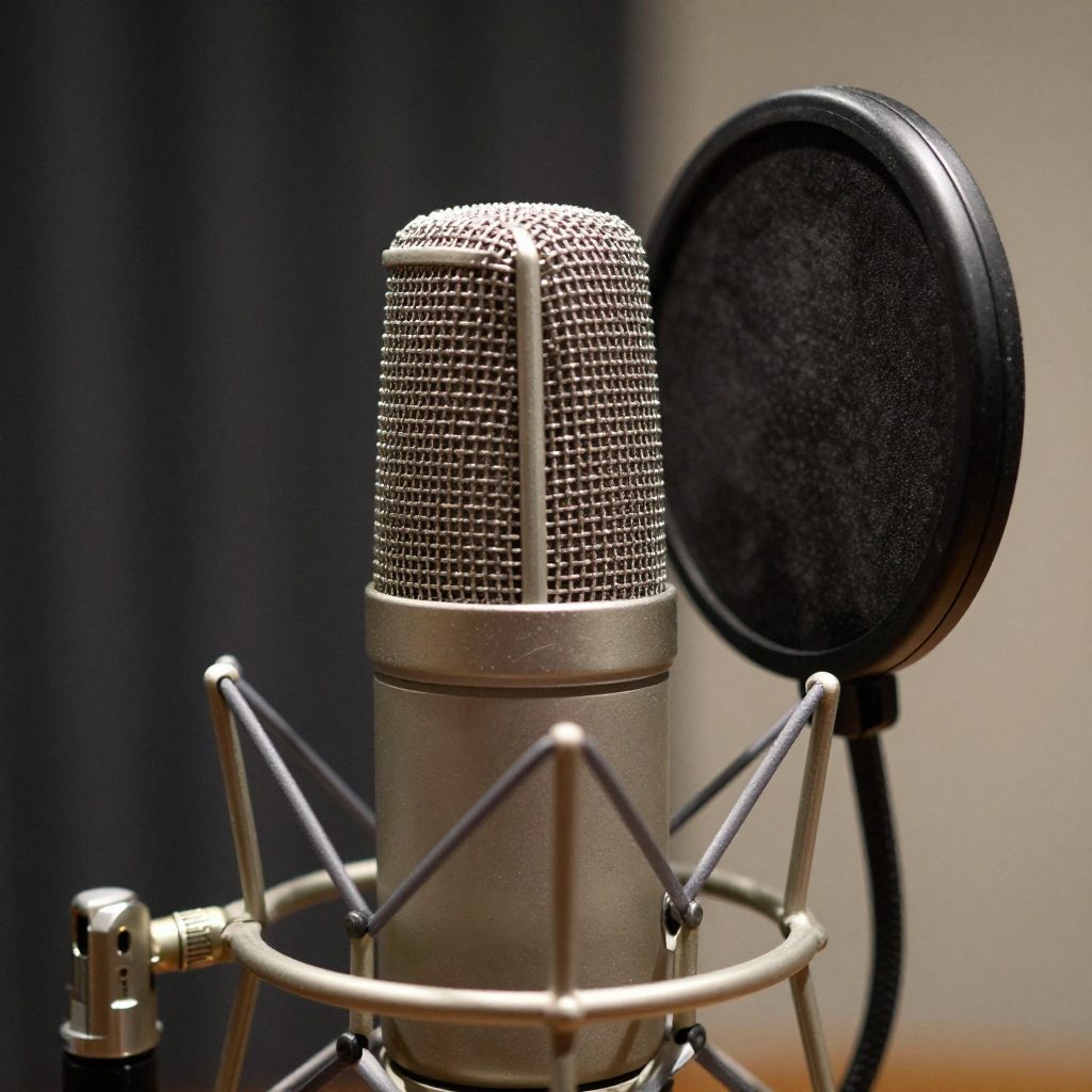 Close-up of a studio microphone with pop filter in the booth.