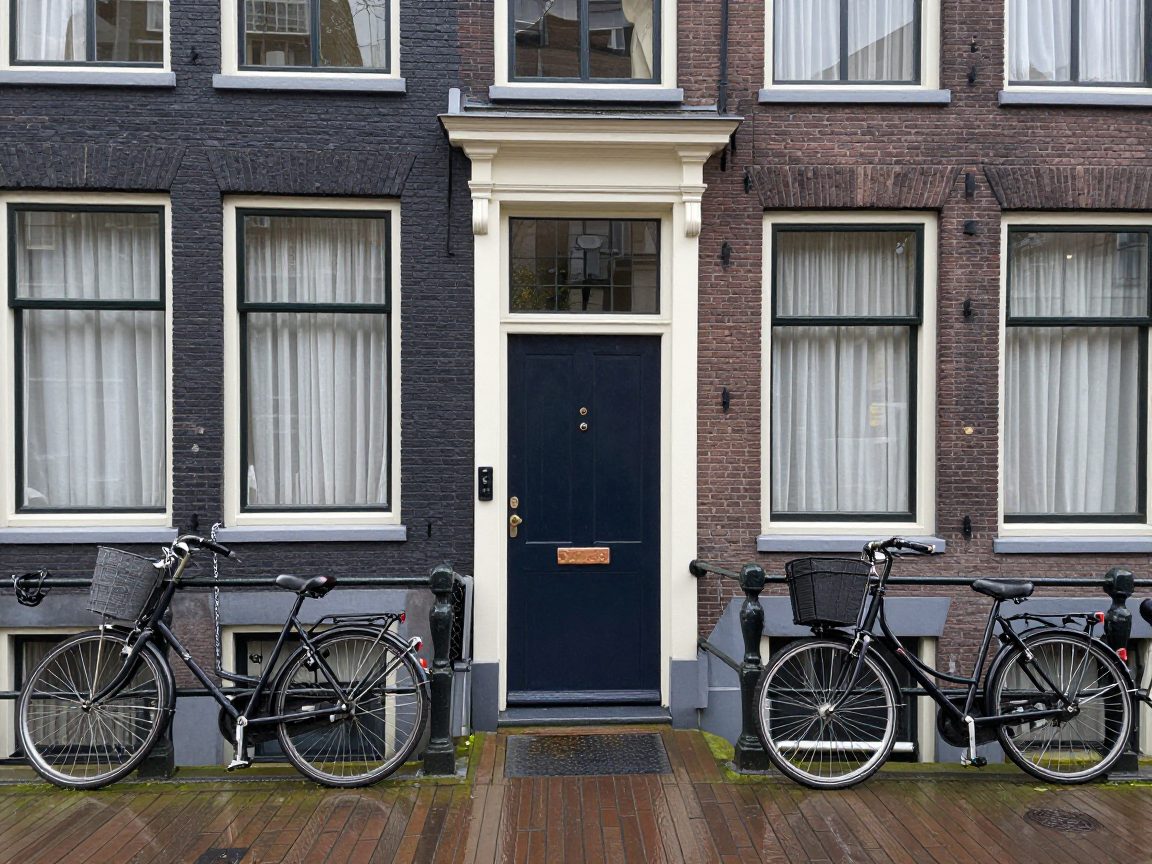Grachtenpand met discrete studio-ingang en fietsen ervoor.