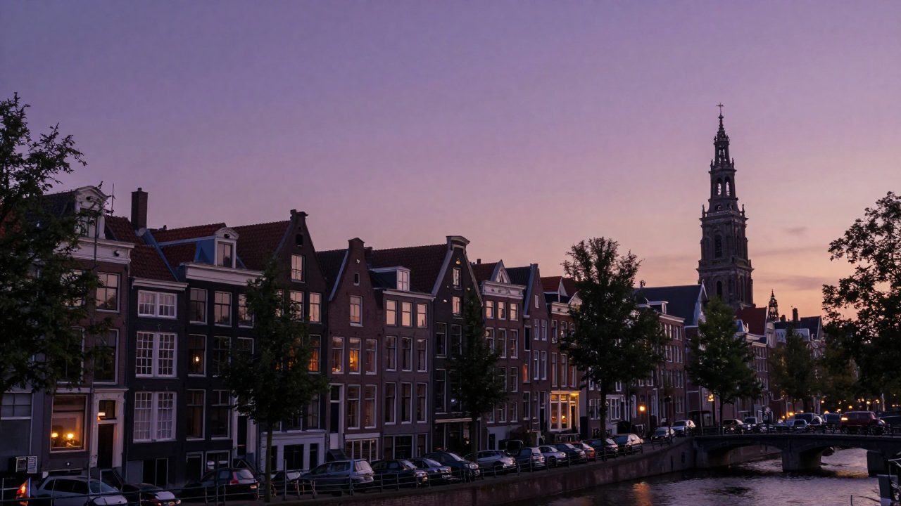 Wide evening view over rooftops and tower in the Jordaan.