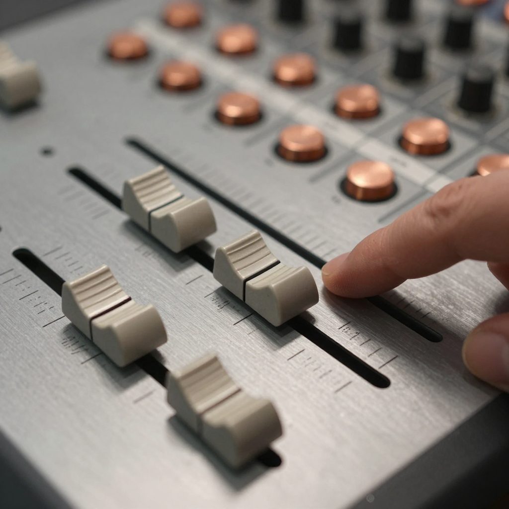 Close-up van gemotoriseerde faders op een control surface.