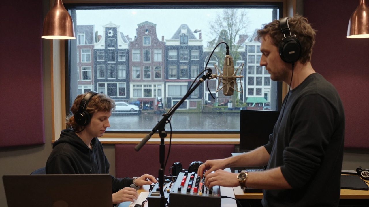 Singer and engineer in a recording studio with rainy window.
