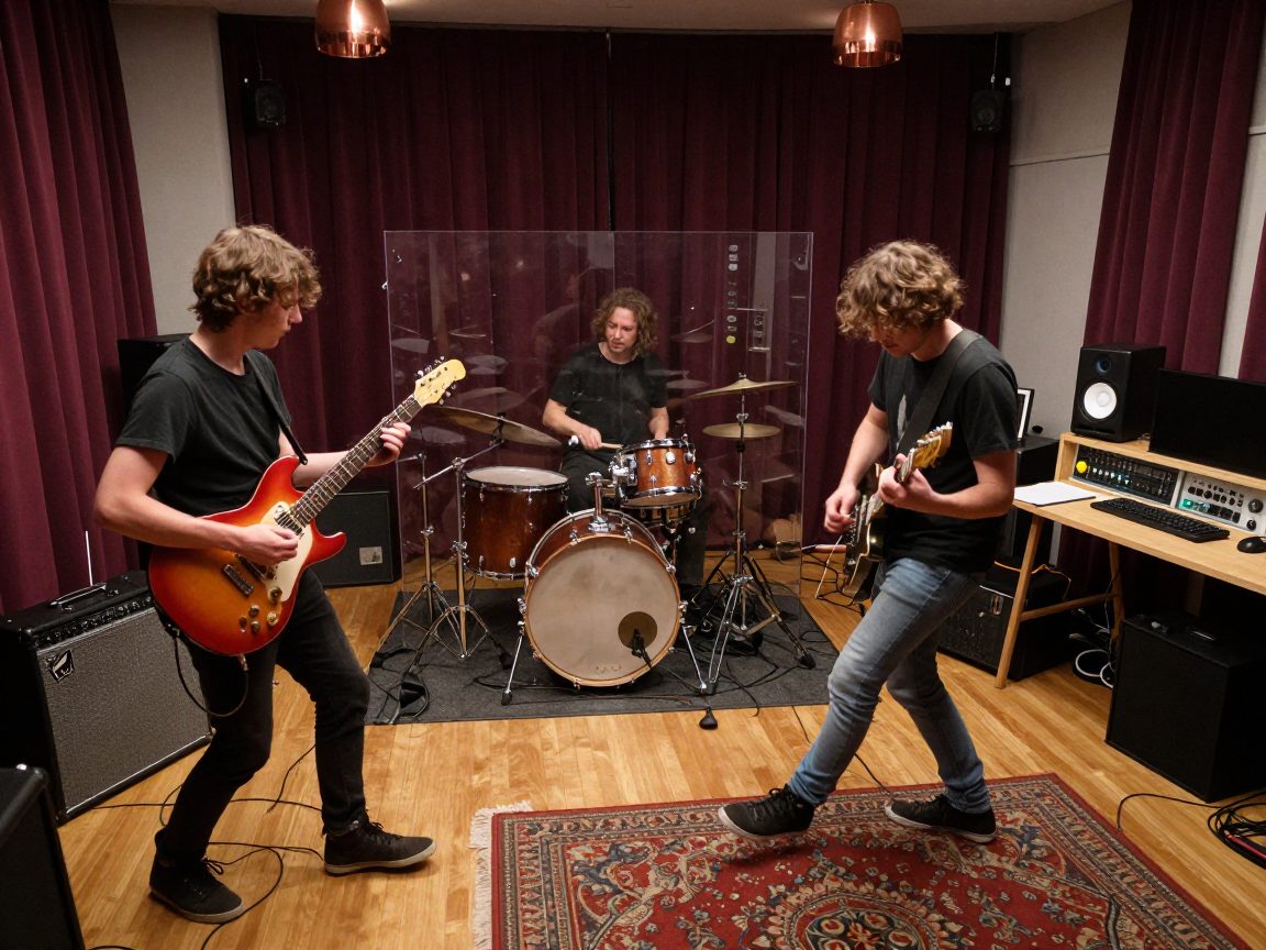 Band neemt drums en gitaar op in een live room.