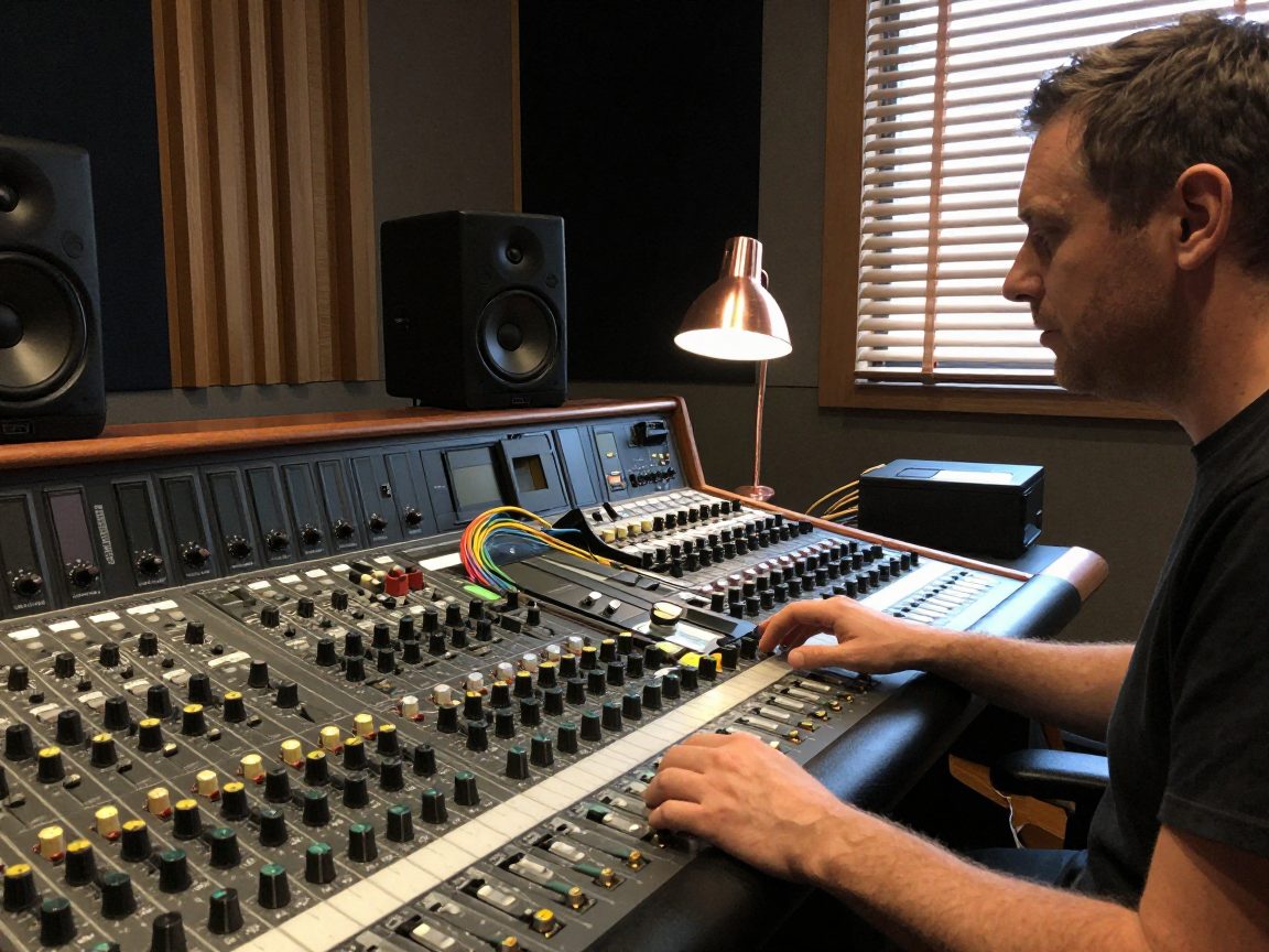 Mix-engineer aan werkstation met monitors en patchbay.