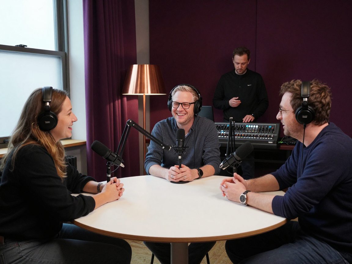 Drie podcastgasten aan tafel met microfoons en koptelefoons.