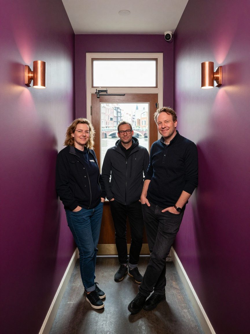 Drie teamleden in een smalle gang met warme wandverlichting.
