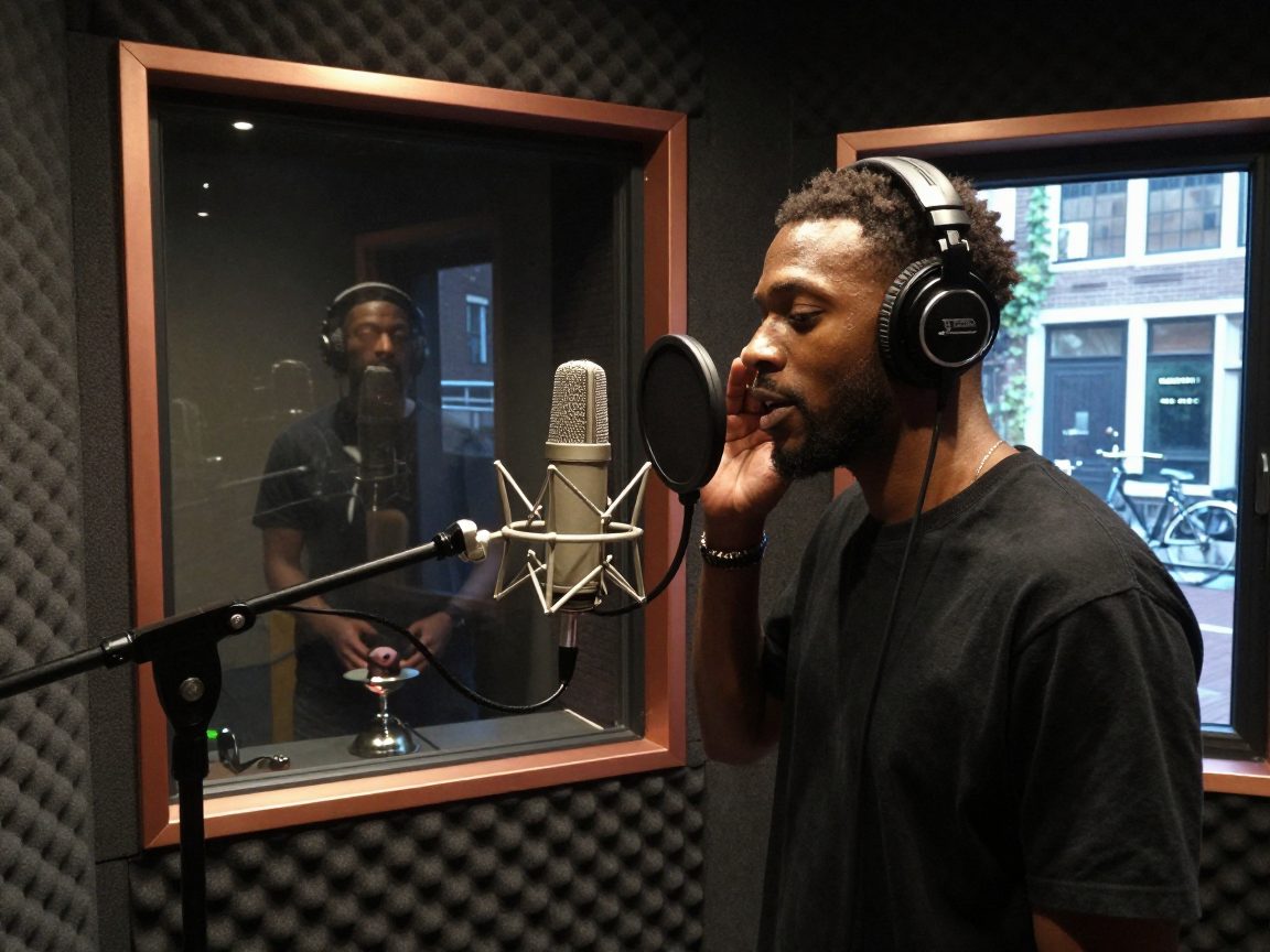 Rapper in vocal booth met engineer achter dubbel glas.